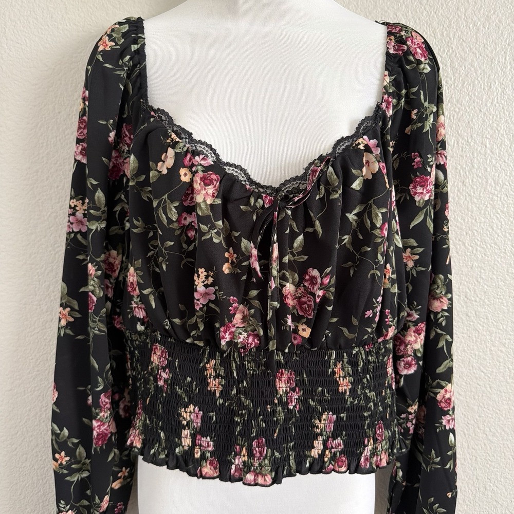 1X XL Floral Boho Off the Shoulder Top Blouse Puff Sleeve Peasant Lace Trim - Picture 3 of 15